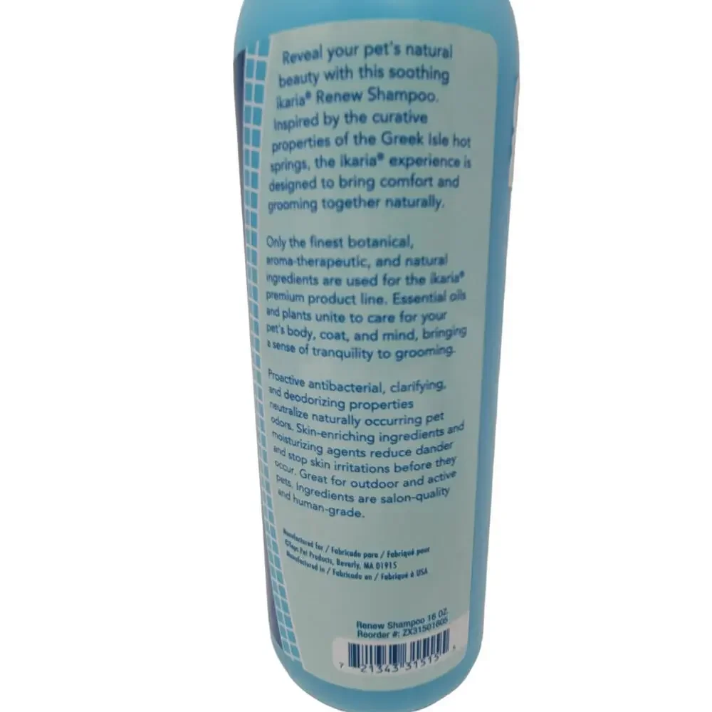 Ikaria Pet Dog Cat Shampoo 16oz Renew Deodorizes Ylang Juniper Human Salon Grade